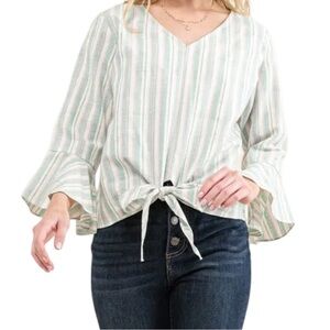 And the why  Striped Tie-Front V-Neck Blouse in Mint and White large andthewhy